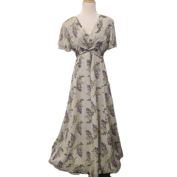 Vintage Ivory Lilac Floral Floor Length Silk Dress sz 12 Bridesmaid Formal - Picture 2 of 16